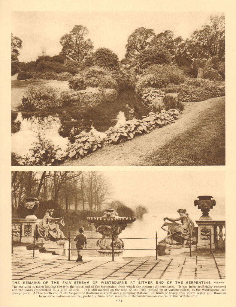 The Westbourne stream at either end of the Serpentine 1926 old vintage print